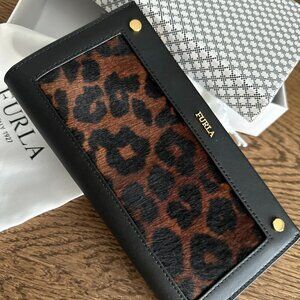 NWT! NEW! Furla Lady M Leopard Print Calf Hair Continental Wallet -with box